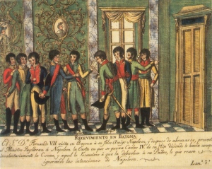 Fernando VII, Carlos IV y Napoleón jugándose en Bayona la soberanía nacional a los chinos o al tute cabrón